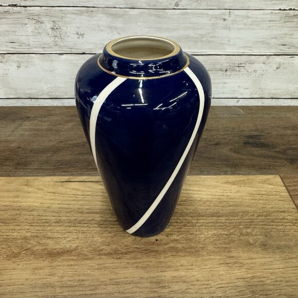 Vintage Cylinder Navy Vase With White and Gold Decoration McDonough Art Deco - Picture 6 of 10